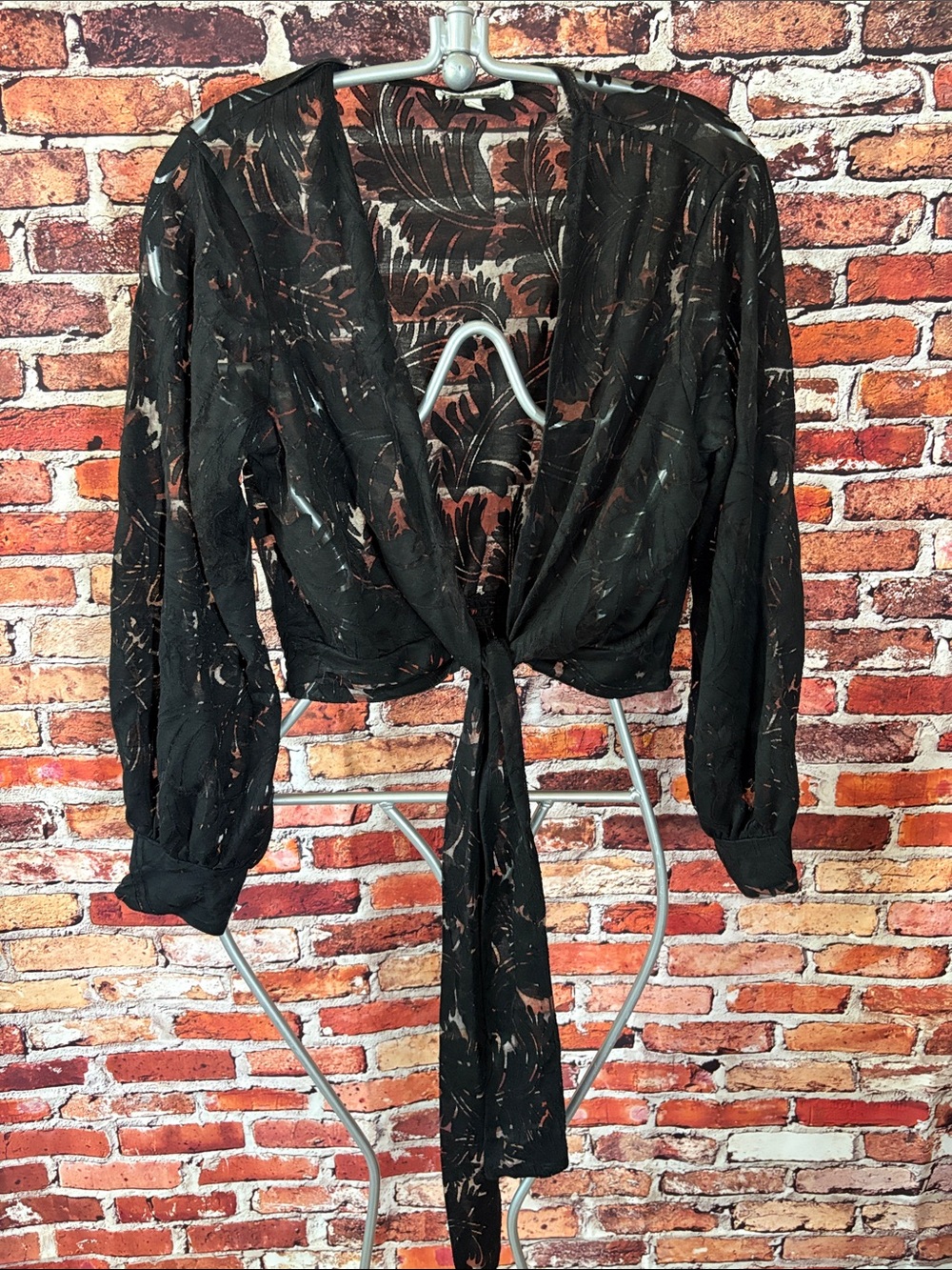 Women's Black Poet Sleeve Tie-Front Sheer Patterned Boho Cardigan Top Large